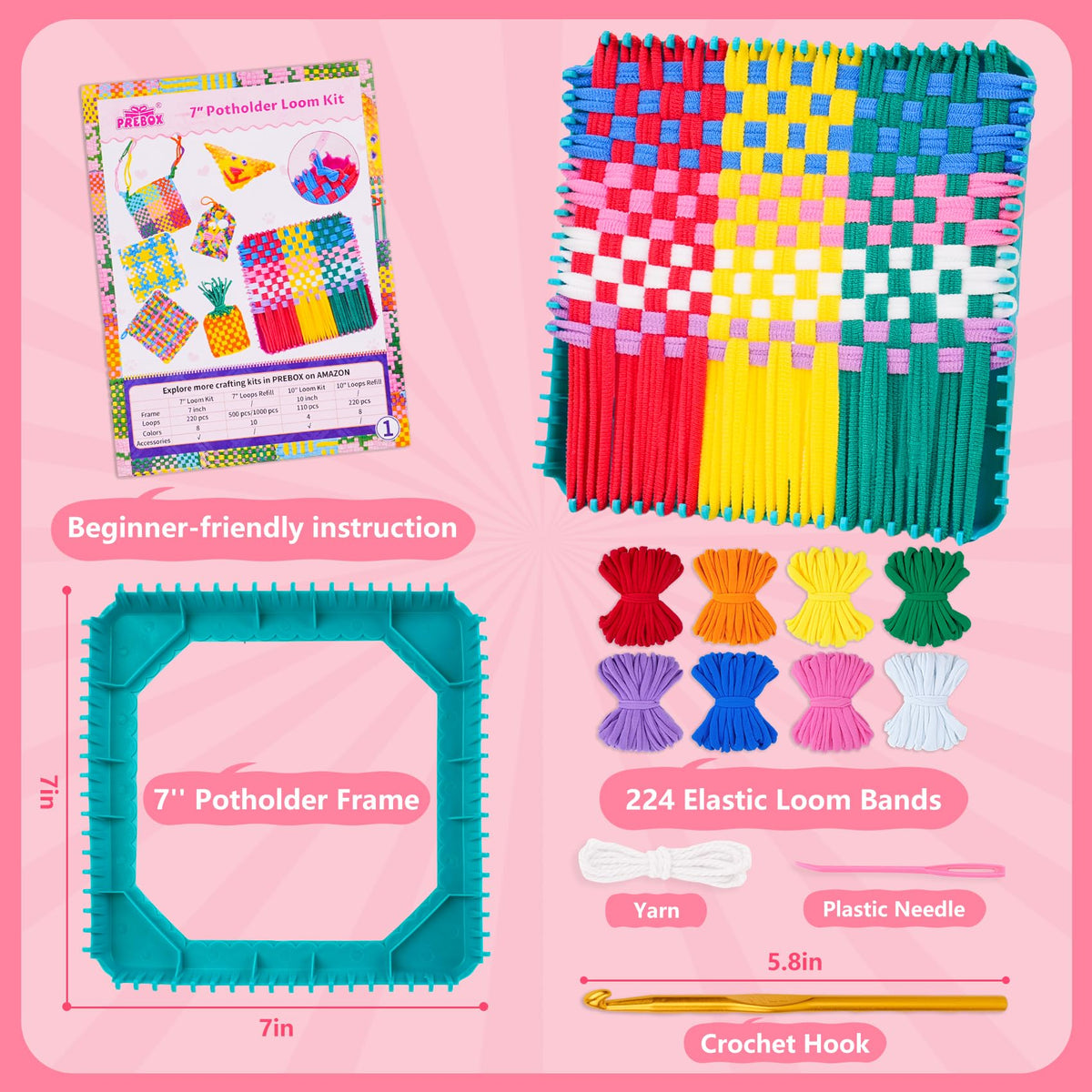 PREBOX Potholder Weaving Loom Kit for Kids and Beginners, Knitting Crafts for Girls Ages 6-12 Year Old, 7" Pot Holder Loom with 224 Loops, Great Christmas & Birthday Gifts