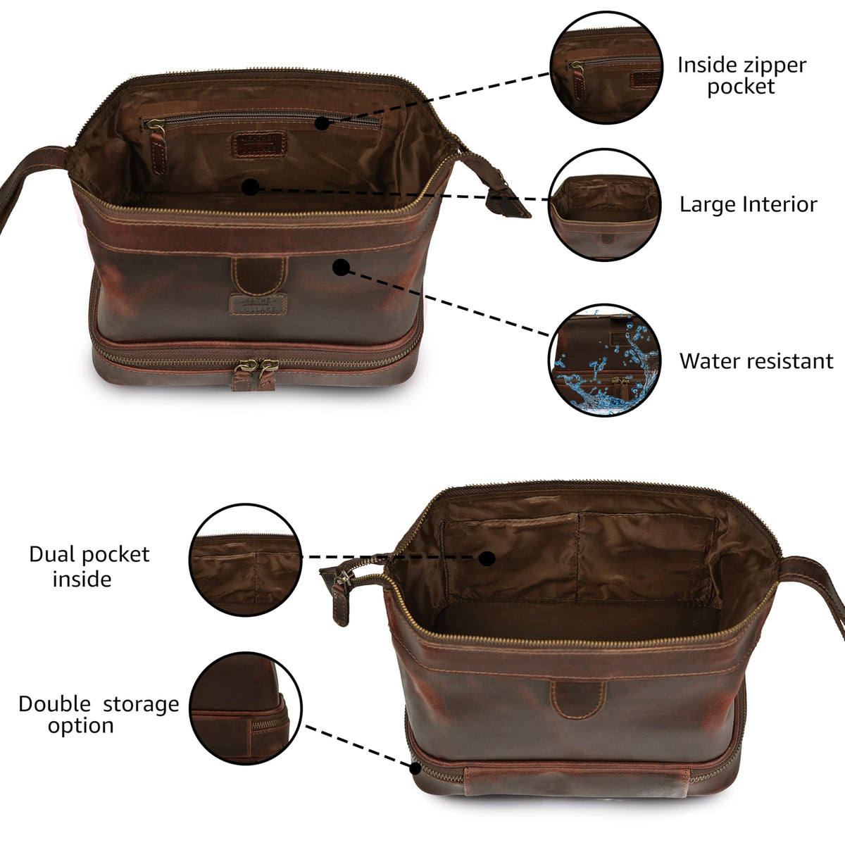 LEATHER VILLAGE Genuine Leather Dopp Kit – Large Travel Toiletry Bag with Waterproof Lining, Dual-Zip Design for Men & Women, Organizer for Shaving, Makeup & Essentials - Cherry