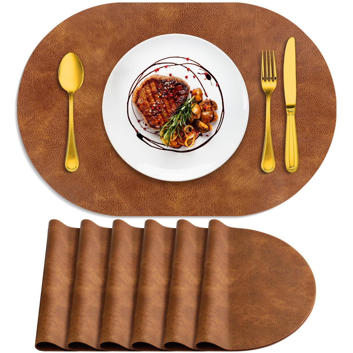 ADRIMER Placemats, Heat Resistant Oval Placemats Set of 6 Washable 12 x 17 Inch, Waterproof Table Mats, Wipeable Pu Place Mats for Kitchen, Dining Room, Turmeric Brown