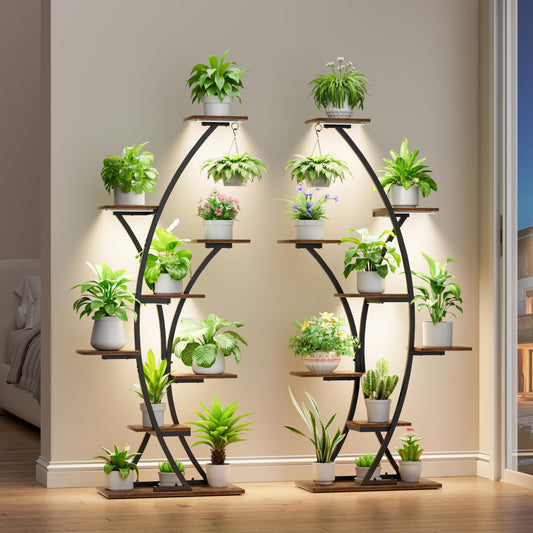 Plant Stand Indoor with Grow Lights: 64" 2 Pack Large Plant Stands, 8 Tiered Curved Plant Shelf for Indoor Plants Multiple, Tall Lighted Corner Display Stands, Flower Holder for Living Room, Patio