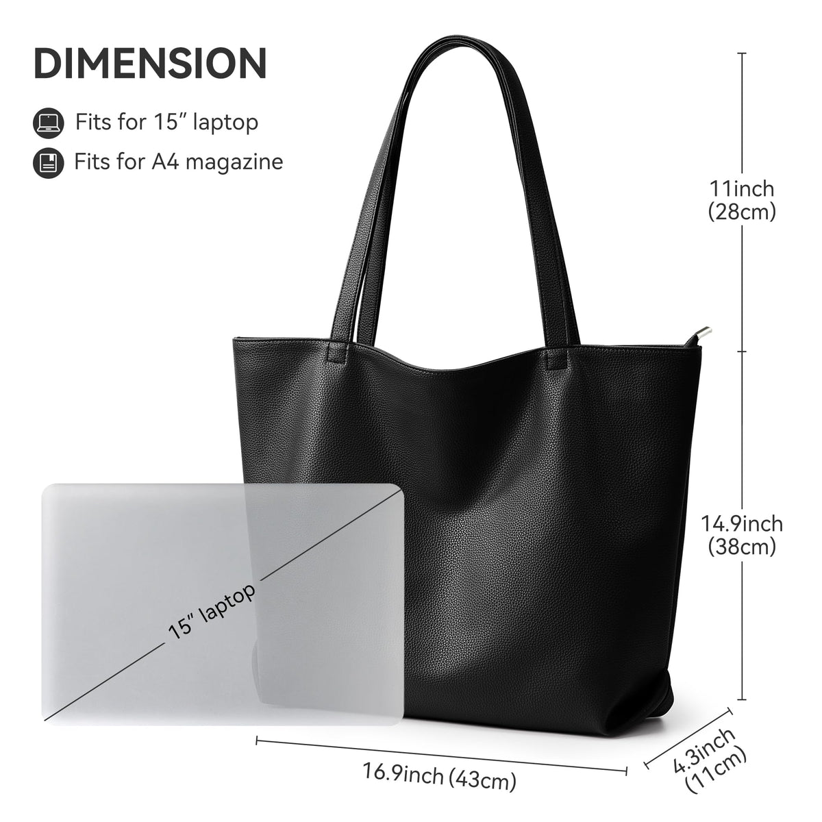 WLLWOO Soft Vegan Leather Tote Bag for Women Large Casual Hobo Handbags Zipper Shoulder Work Daily Weekender Travel Purse, Black