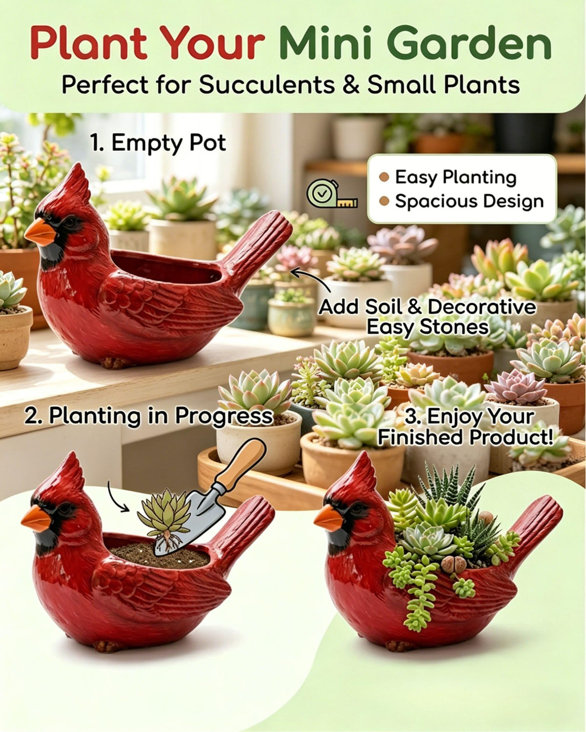Nosecado Cardinal Bird Succulent Planter, Red Birds Plant Pot, Cardinal Succulent Planter Flower Plant Pot, Small Bird Planter for Desk Windowsill Garden Decor, Unique Gift (Red)