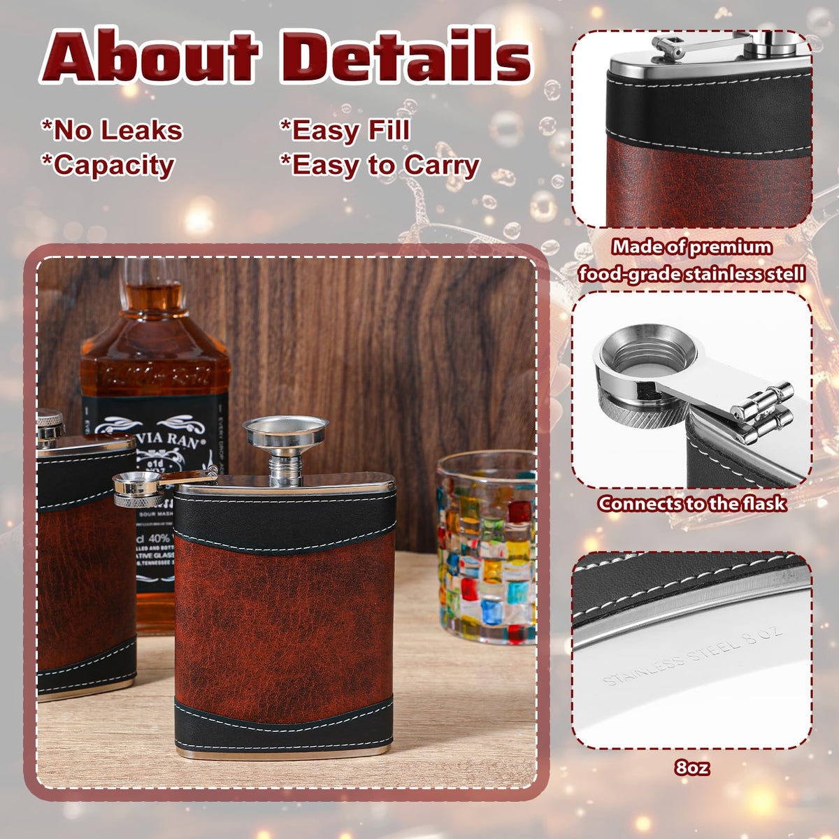 PercyEffie 6 Pcs Liquor Flask, Hip Flasks 8 oz Metal Flask with Funnel, Leak Proof Pocket Flask in Dark Brown Leather Strap Design for Men Women (3.7 x 5.5 Inches)