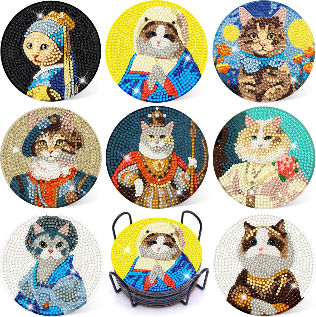 Puraikcmi 8PCs Diamond Paintings Coasters Kits Set, Funny Cat Diamond Art Coasters with Holder, DIY Crafts Diamond Art Kits Adult Craft Diamond Dots Gift