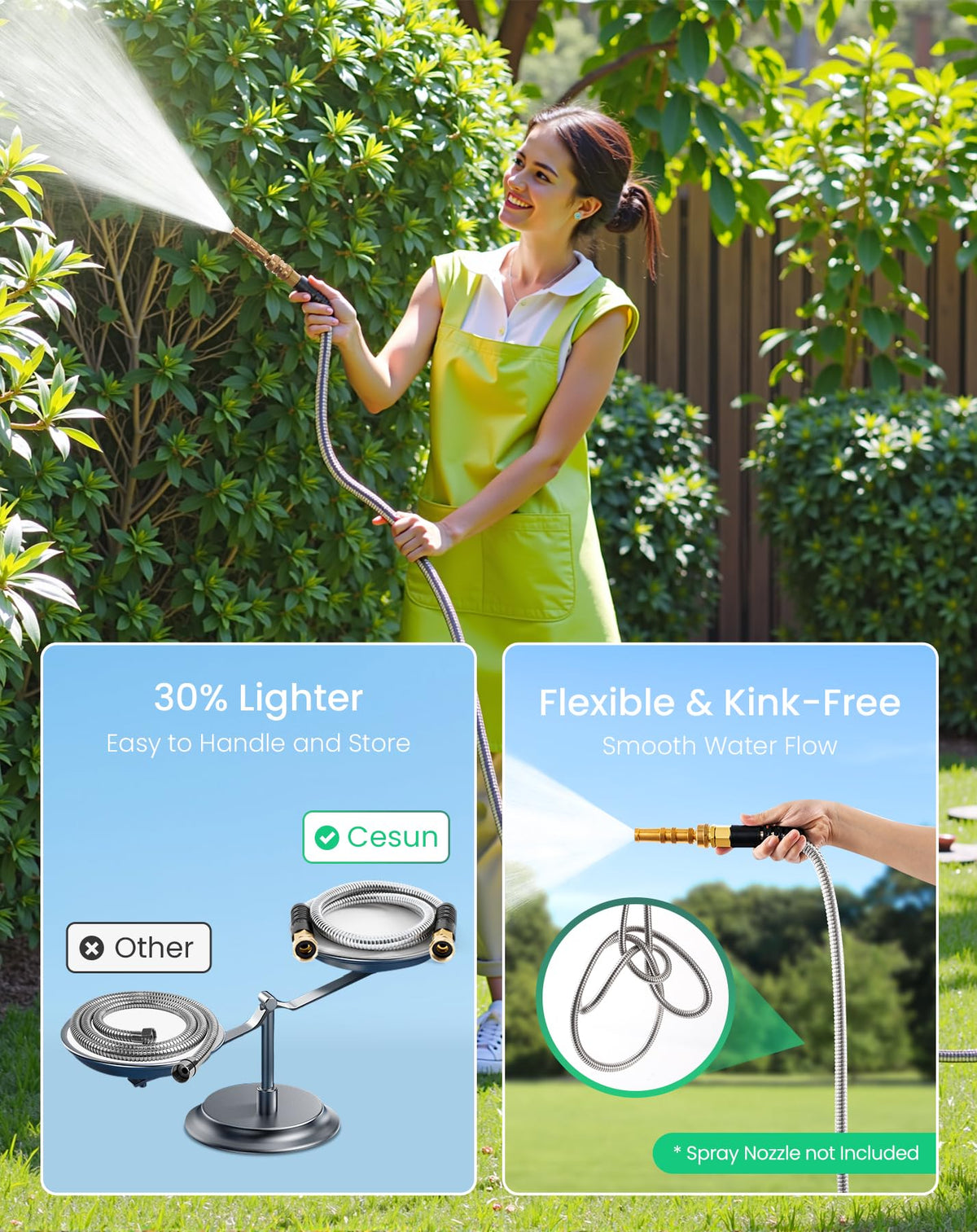 Cesun Short Garden Hose 3 ft with Female to Female Connector, Small Metal Leader Hose, Drinking Water Hose, Flexible, Lightweight Stainless Steel Water Pipe for RV, Outdoor, Yard, 3ft x 5/8"