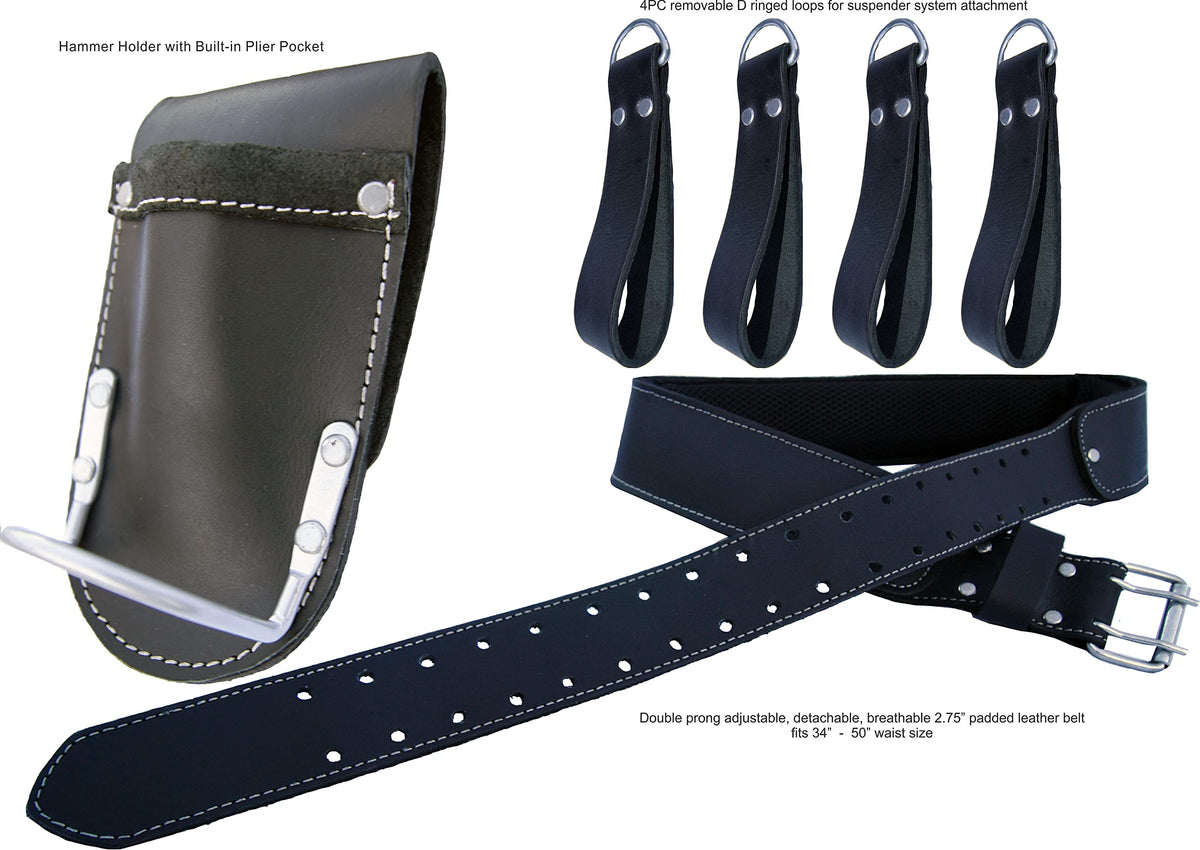 ZAKCO PRO-19 Genuine Grain Leather Multi Pockets Construction Tool Rig, Carpenter Tool Belt, 2 Leather Tool Pouches, Pro Style Tool Belt for Framers, Handyman, Drywall & Roofers (BLACK, Full Size)