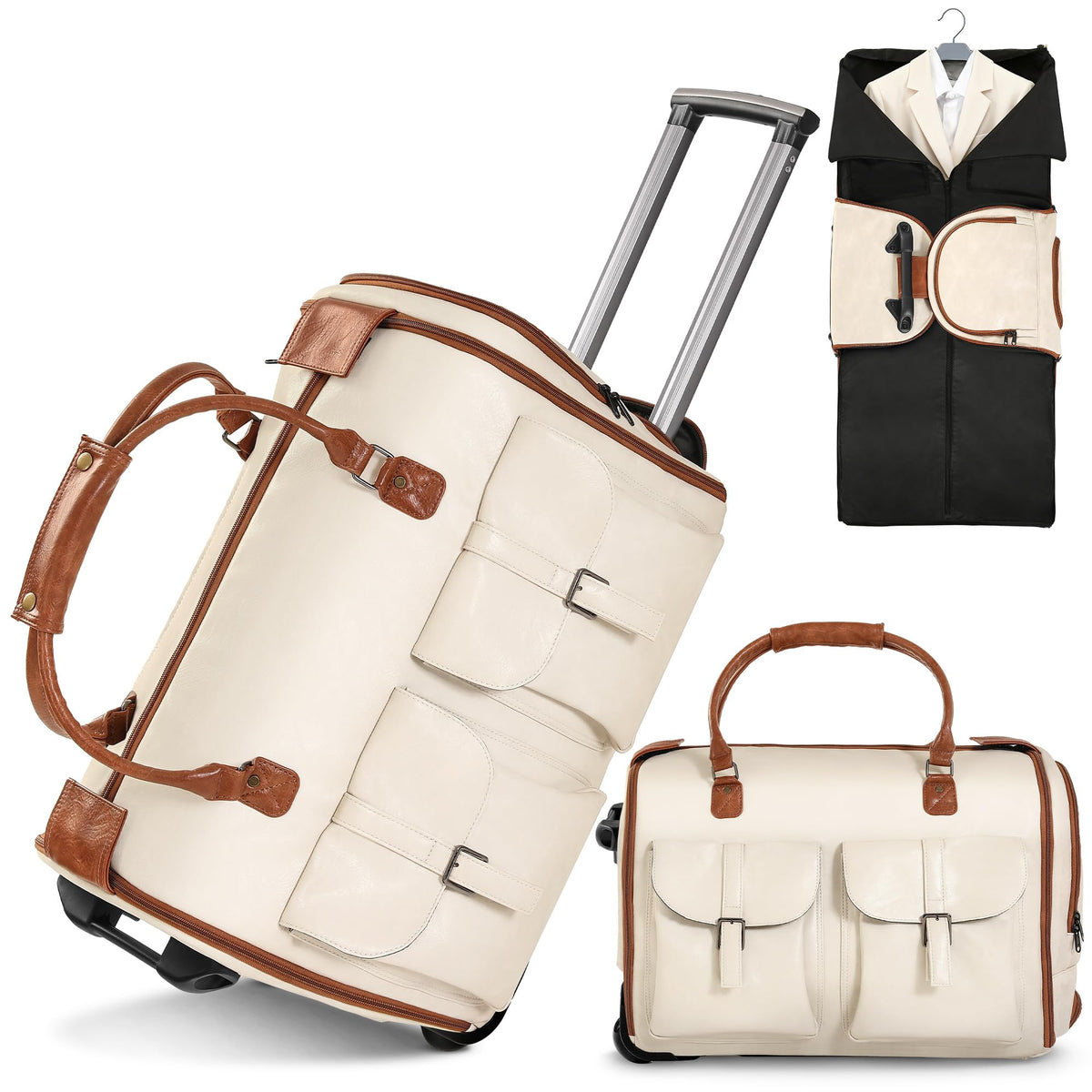 Garment Bags for Travel, 2-in-1 Convertible Rolling Duffle Bag with Wheels, Modern Carry-on Travel Bag for Suits, Foldable Suit Bag, Telescopic Handle, Hanging Hook