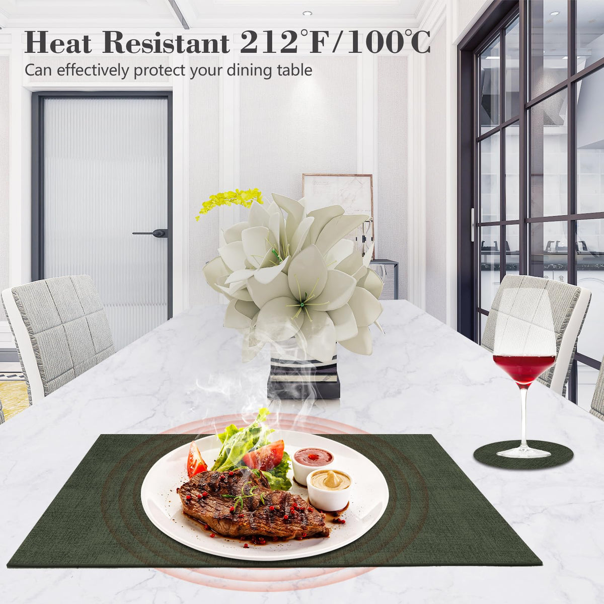 JUCCWARM Faux Leather Placemats Set of 6,Heat Resistant Placemats for Dining Table, Easy Clean Non-Slip Place Mats, Waterproof Stain Resistant Wipeable Washable PU Table Mats, (Dark Green)
