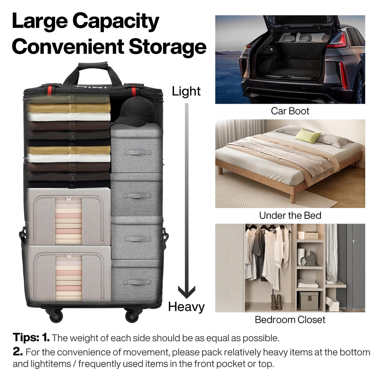 mixi Travel Bag with Wheels Expandable Foldable Luggage Bag Collapsible Rolling Travel Bag Duffel Bag Large Capacity Suitcase for Men Women, Black