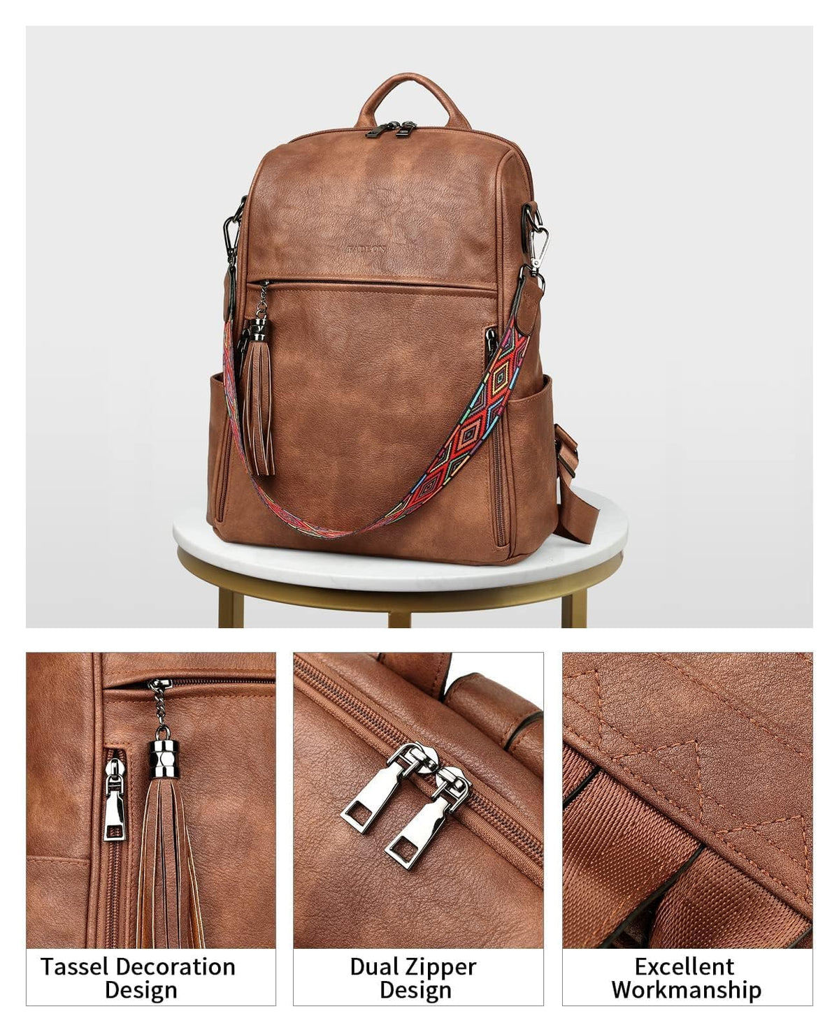 FADEON Leather Backpack Purse for Women Designer Travel Backpack Purses PU Fashion Ladies Shoulder Bag with Tassel Brown