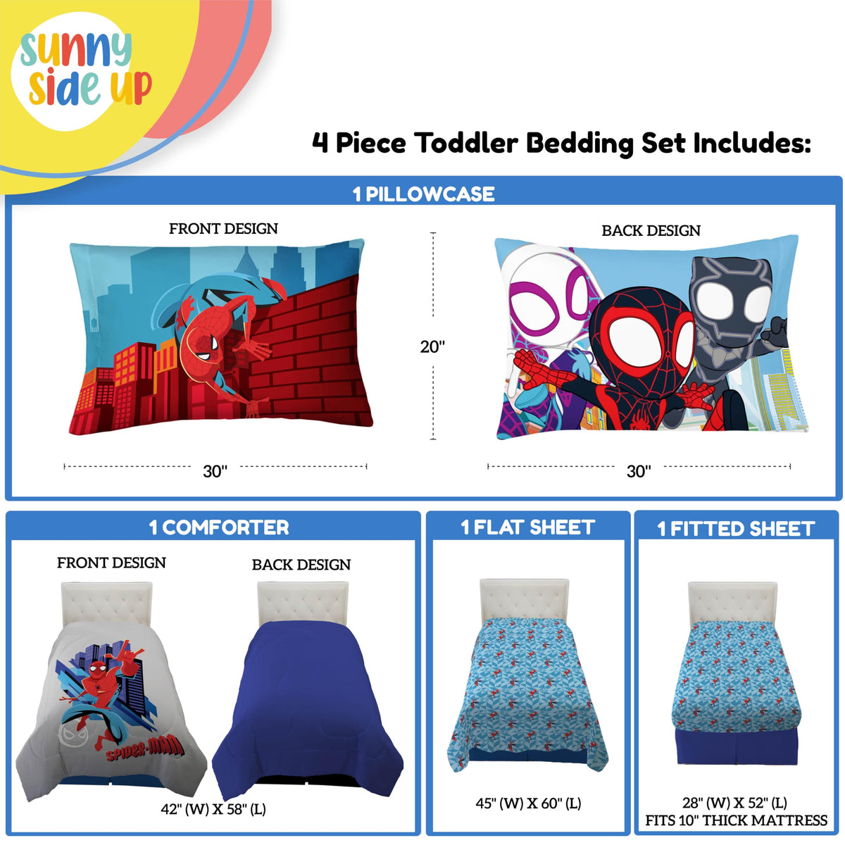 Sunny Side Up Kids Comforter Set Includes Sheets and Pillow Covers - Soft and Cozy Bed Set for Stylish Room Decor, Gray - Spiderman, 4 Piece Toddler Bedding
