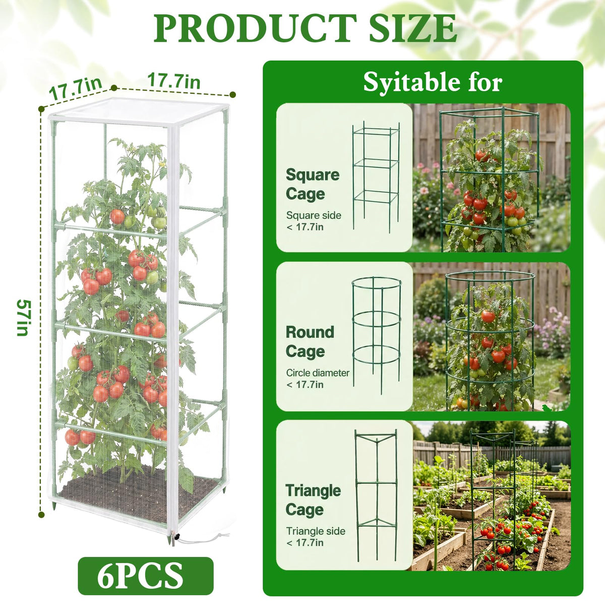 6 Pcs Tomato Netting for Garden Protection, 57" X 17.7" X 17.7" Square Tomato Cage Insect Barrier Plant Netting Mesh Cover with Zipper & Drawstring, for Vertical Climbing Plants Vegetables Fruits