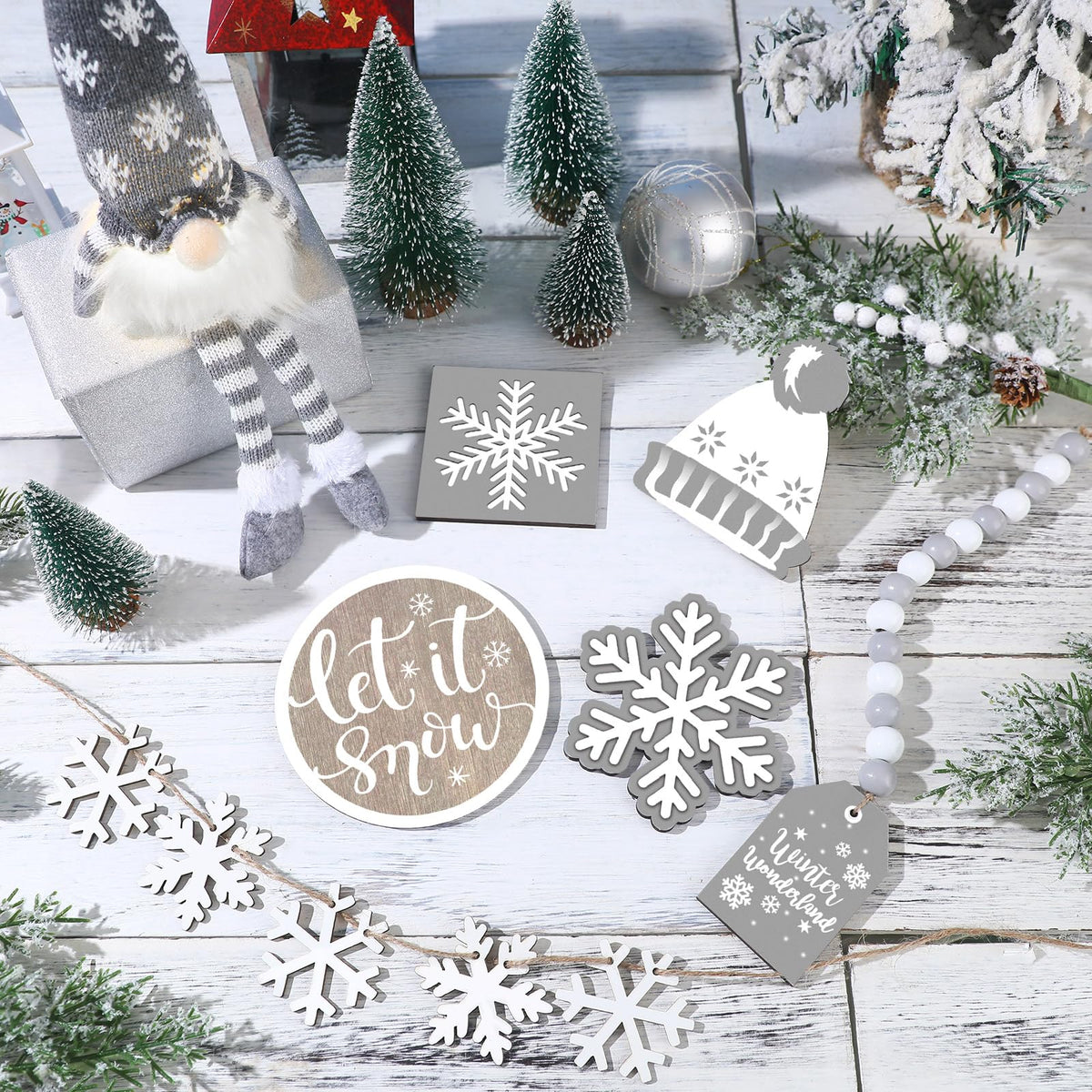 Soaoo 16 Pcs Winter Tiered Tray Decor Snowflake Rustic Gnome Plush Winter Tray Decor Wood Table Signs for Holiday Table Centerpieces Home Decorations(Silver Gray)