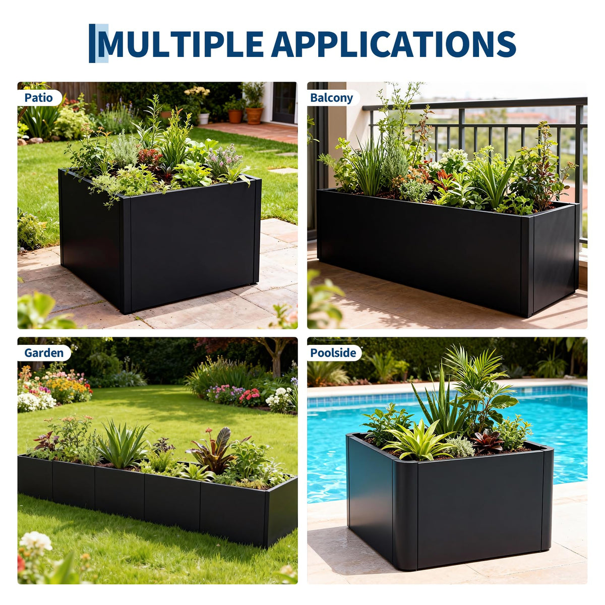GarveeTech Metal Square Planter Box Tall Planters for Outdoor Plants Modern Heavy Duty with Drainage Holes for Outdoor Patio, Balcony, Yard, with Bottom