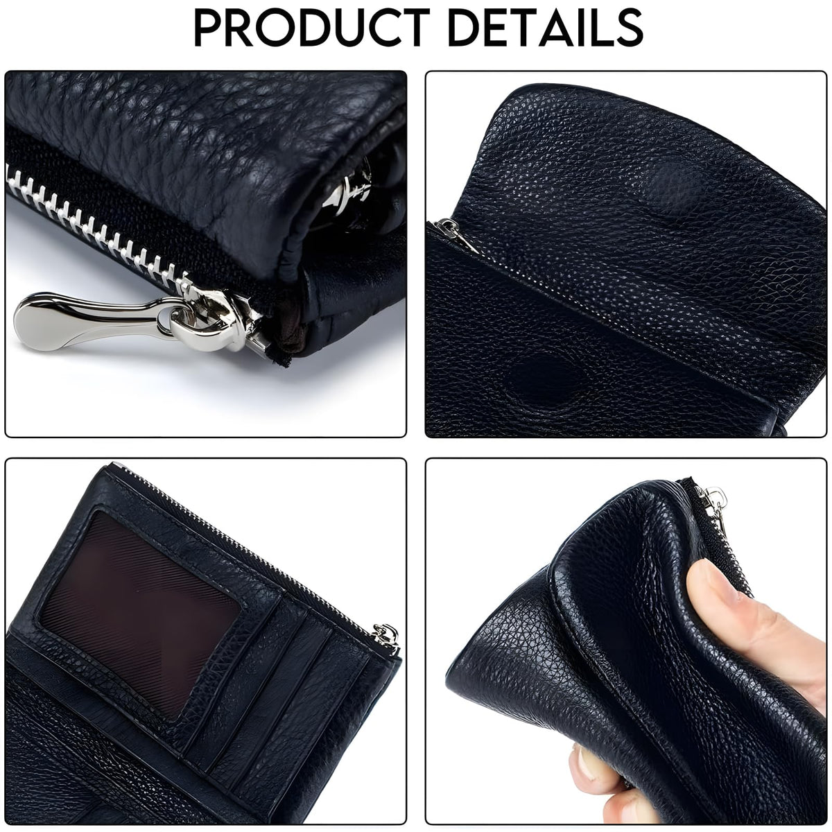Unisex Pebble Leather Wallet, 5.3In Short Genuine Leather Coin Card Holder, Two zippered pockets, Unisex Clutch Bags, Can Hold Coins, Cards, Id Cards (Black)