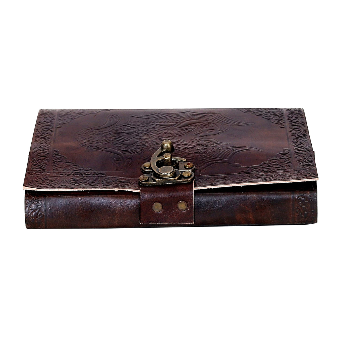 AzureGreen DOUBLE DRAGON Blank Page BOOK Handcrafted Leather Writing Unlined 5 x 7 JOURNAL (MEDIUM, Brown With Claps)