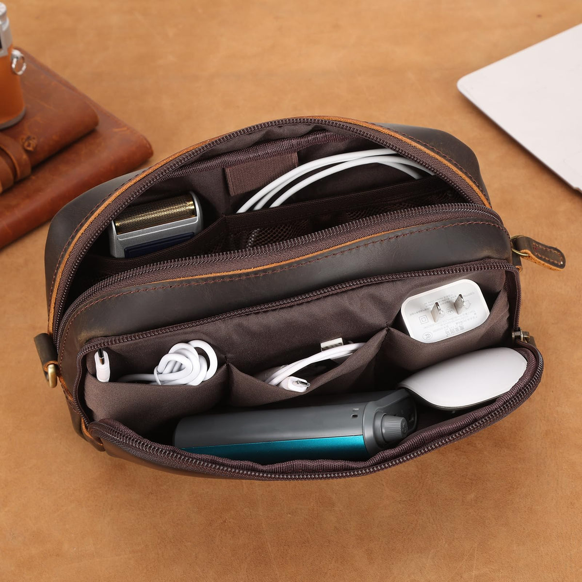 Polare Full Grain Leather Travel Electronics Organizer Case Cable Storage Carry Bag with YKK Zippers Tech Pouch for Cord, Phone, Cables, USB, SD Card, Travel Essentials