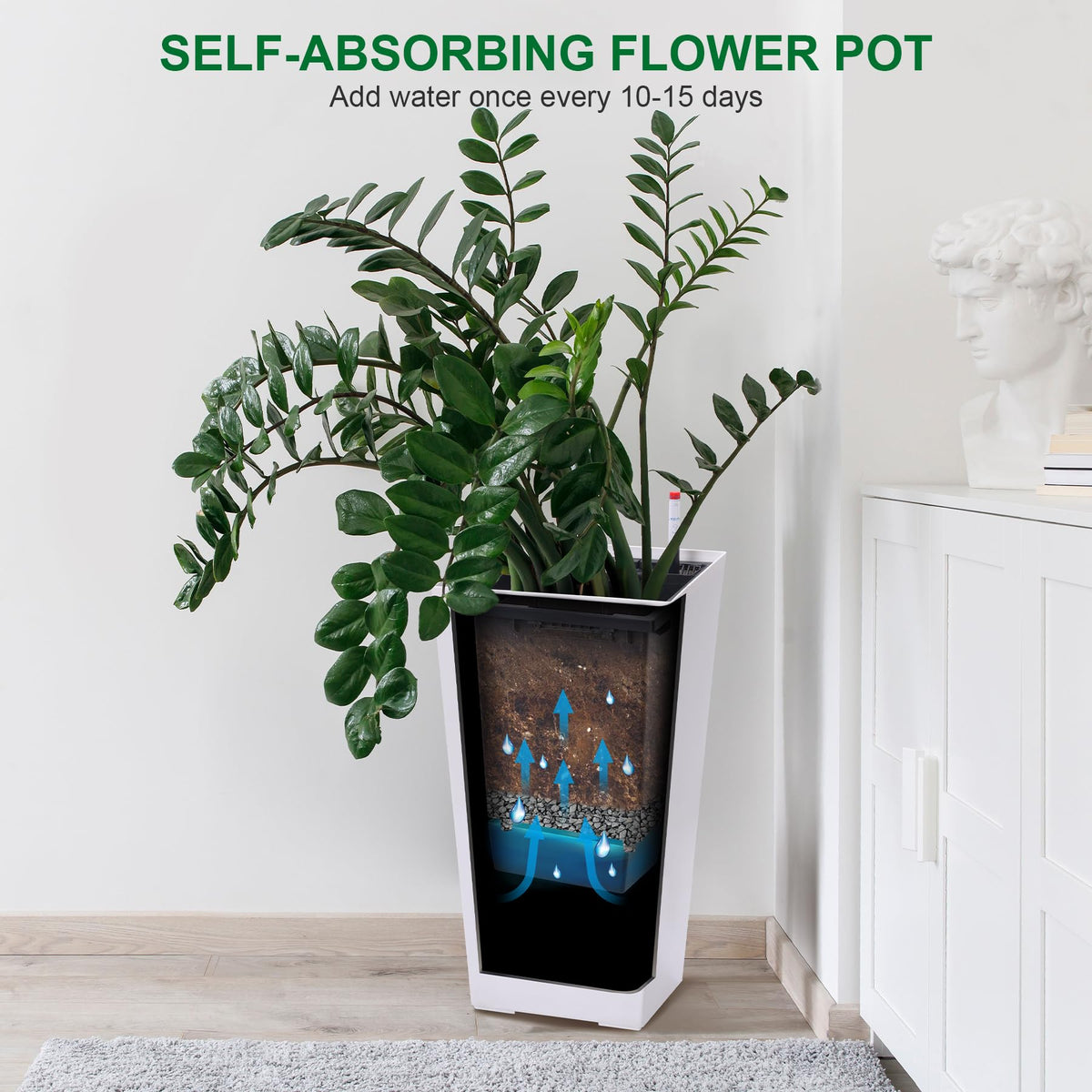 Takywep Tall Planter Self-Watering Set of 2, 22.4 Inch Wicker Rattan Plant Pots with Drainage, Water Level Monitor & Wheels, Large Outdoor Indoor Flower Pot for Porch, Front Door & Patio,White