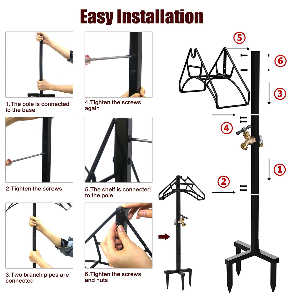 Artigarden Freestanding Outdoor Garden Hose Holder Stand with Brass Faucet, Heavy Duty Metal Water Hose Reel Storage Stake Rack for Backyard, Black (Hose not Included)