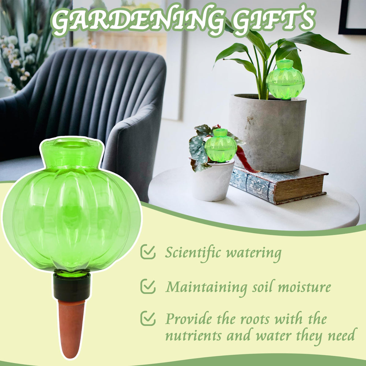 KIROYAL Self Watering Spikes 2 Pack, 16.9oz Large Capacity Plant Watering Globes, Up to 2 Weeks Automatic Watering, Terracotta Irrigation Device for Indoor Plants (Green Lantern Design)