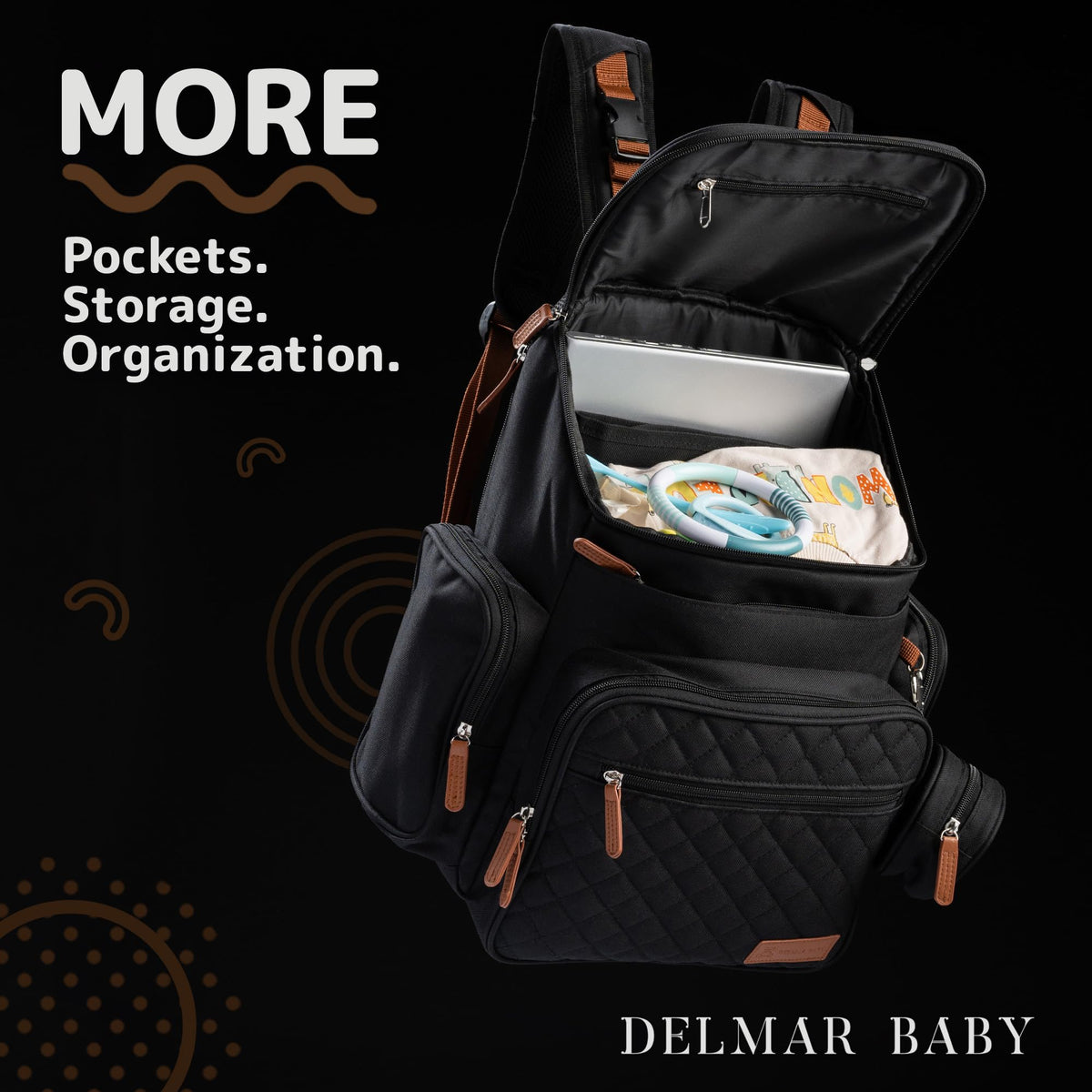 DELMAR BABY Large Diaper Bag Backpack for Mom & Dad | Unisex Baby Travel Bag | 15 Pockets | Changing Pad | Stroller Straps | Stylish & Washable | Newborn Essentials | Black