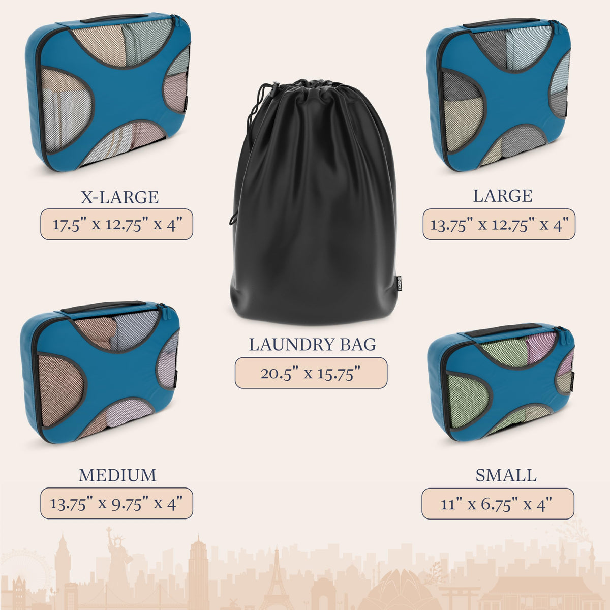 Shacke 5 Set Packing Cubes for Travel – Luggage Organizer & Suitcase Bags with Laundry Bag, Carry On Packing Organizer, Travel Accessories for Women Men (Gentlemen's Blue)