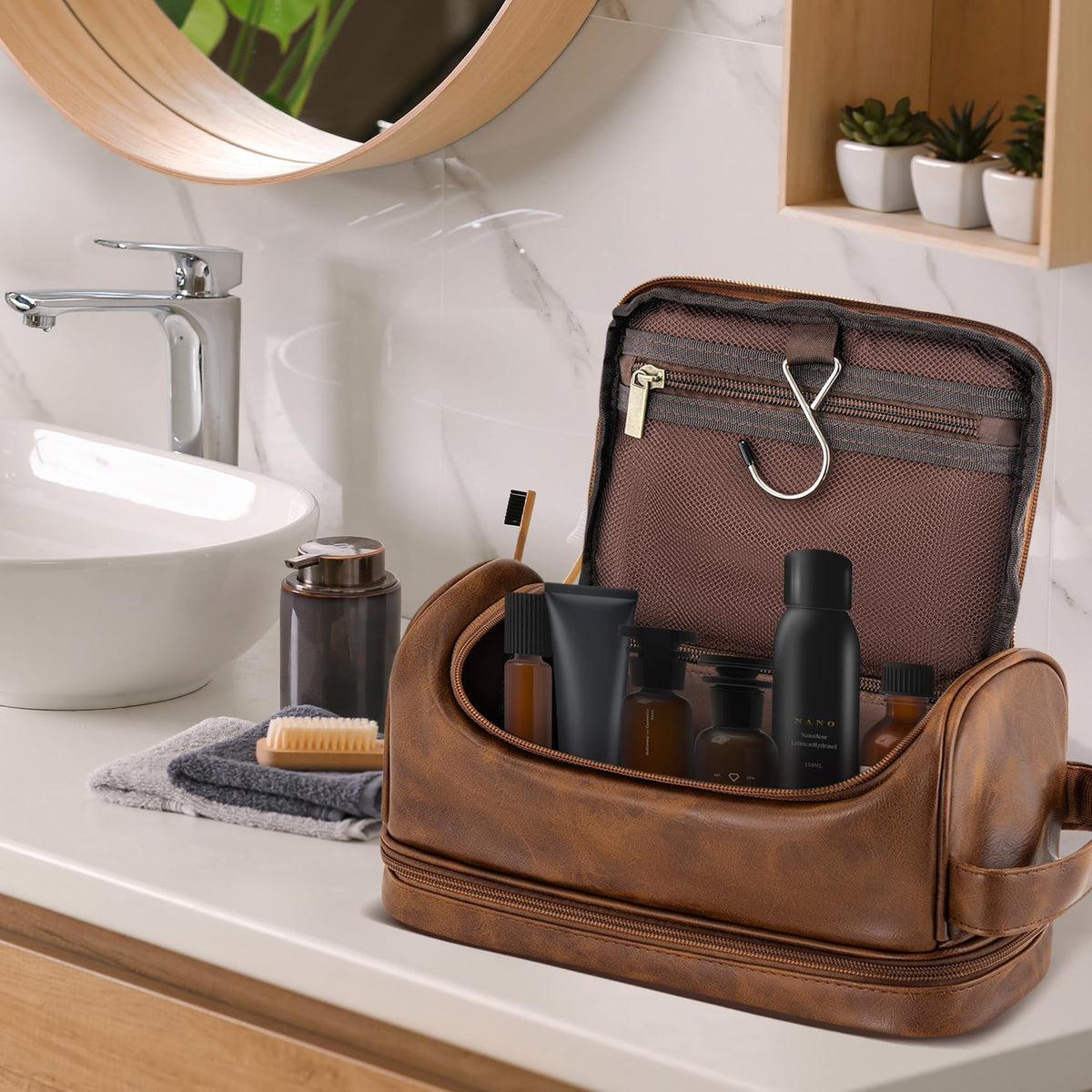 Aganmi Personalized Christmas Birthday Gifts Toiletry Bag for Men Dad Husband, Custom Initial PU Leather Waterproof Toiletry Organizer Dopp Kit Shaving Bag Travel Essential for Men, Light Brown J