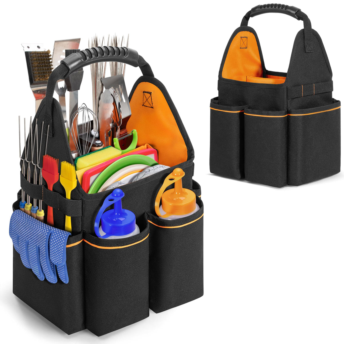 HODRANT Grill Utensil Storage Bag, Portable BBQ Tool Caddy with Divider & Boards, Large Grilling Tool Box with Pockets & Handle, Outdoor Barbecue Accessories Case for Camping & Kitchen, Bag Only