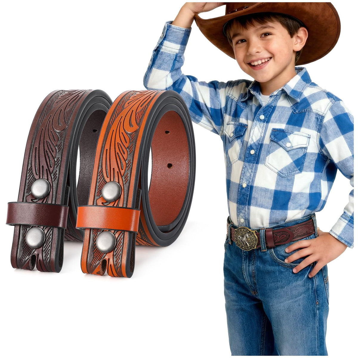 SANSTHS Kids Western Belt without Buckle Genuine Leather Boys Girls Belt Strap Cowgirl Cowboy Belts for Jeans Western Gifts, Embossed Bull/Brown Coffee