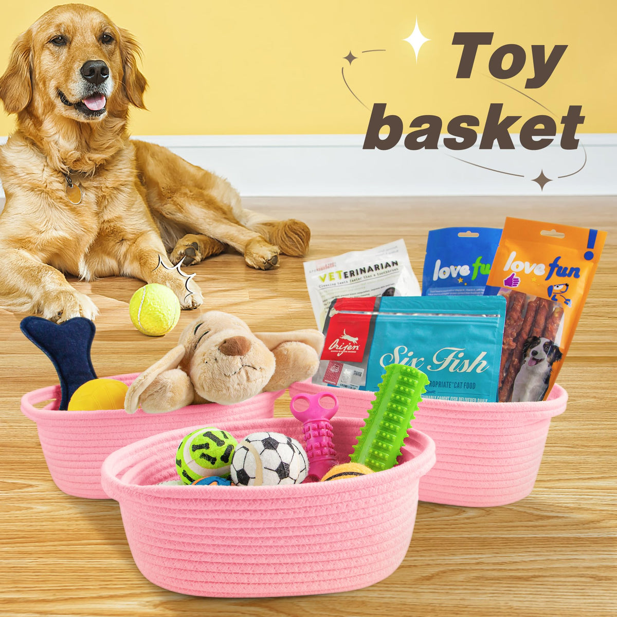 Pro Goleem Small Woven Basket with Gift Bags and Ribbons Durable Baskets for Gifts Empty Small Rope Basket for Storage 12"X 8" X 5" Baby Toy Basket with Handles, Pink