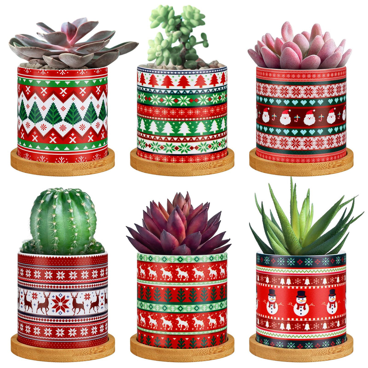 Tioncy 6 Pcs Christmas Plant Pots 3.15'' Christmas Ugly Sweater Plastic Succulent Planters with Drainage and Tray for Indoor Plants Small Plant Pot Set Plant Containers for Outdoor Planters
