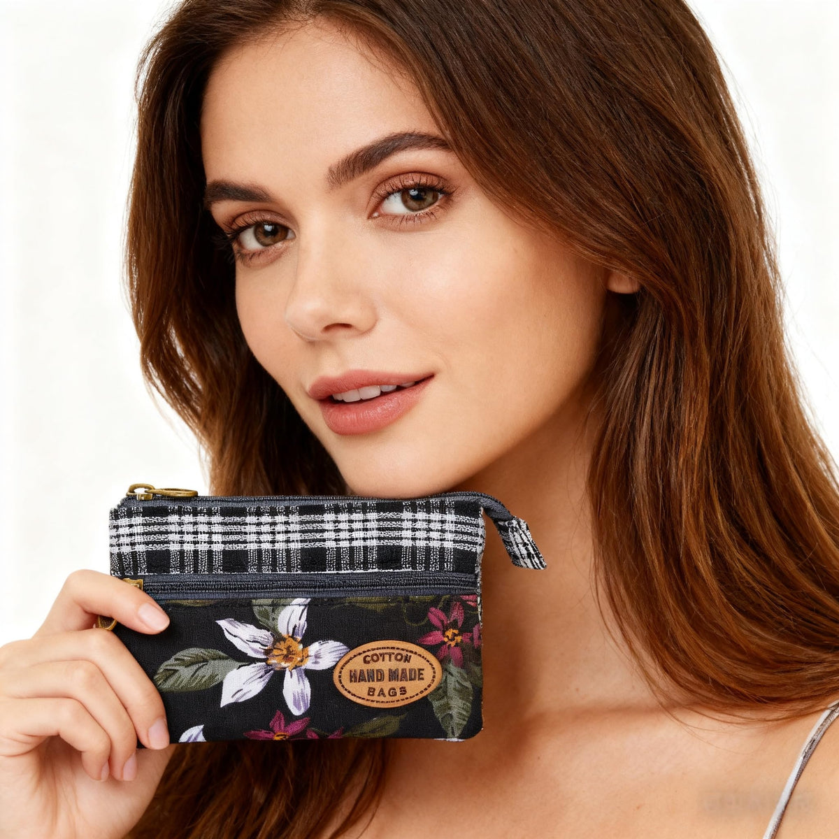 GUXL Women Small Zipper Coin Purse, Handmade Fabric Flower Embroidered Change Pouch, Cotton Double Zipper Wallet