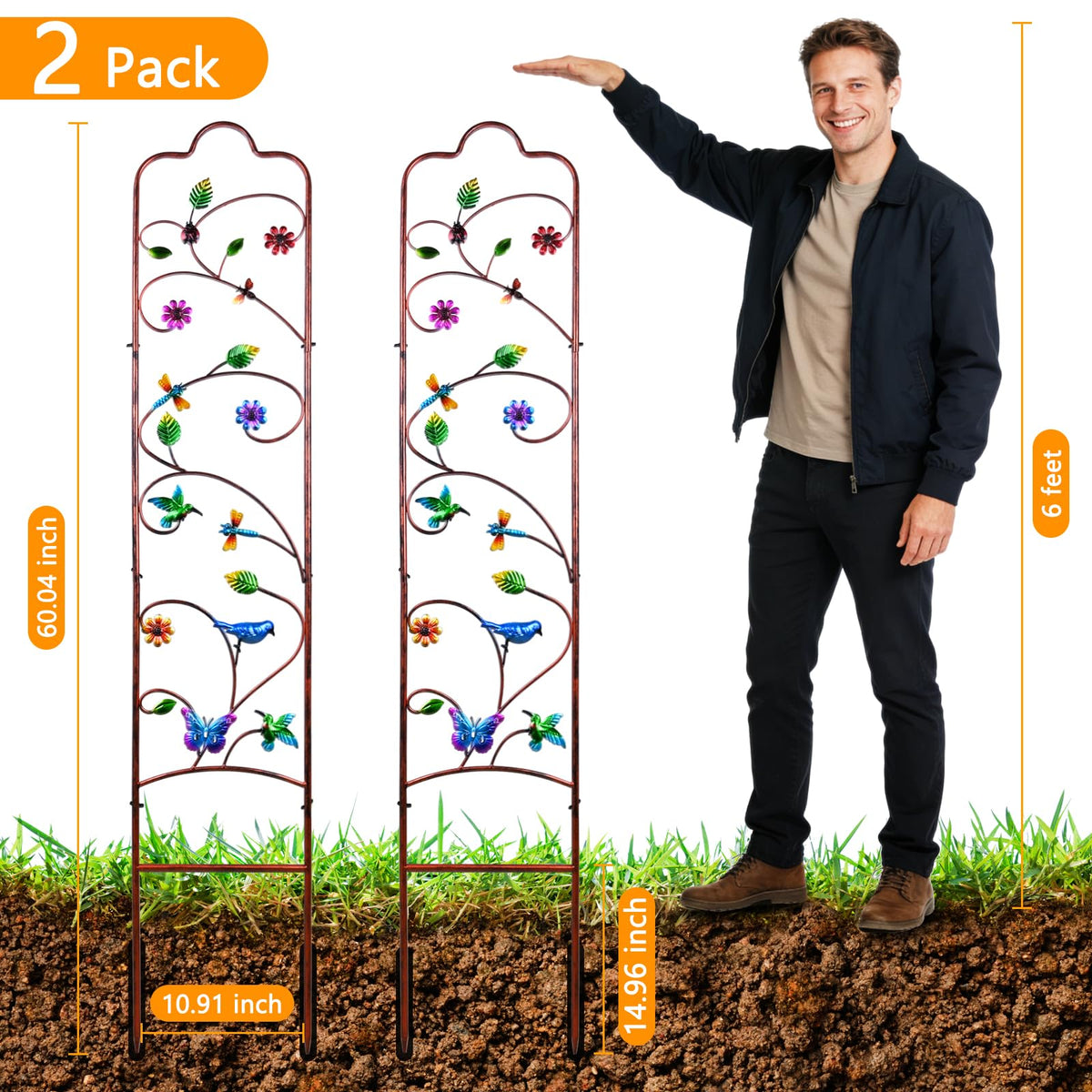 2 Pack Garden Trellis for Climbing Plants, Metal Decorative Vegetables Flowers Vines Fence Trellis for Outdoor Patio 60'' H x 11'' W
