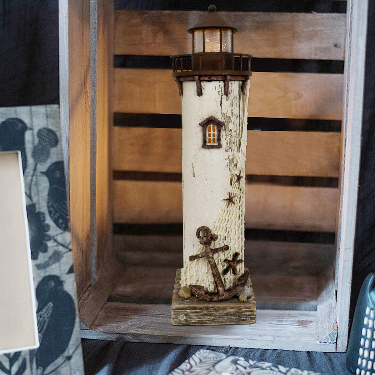 Wooden Lighthouse Decor with Light, Decorative Nautical Lighthouse Nightlight Rustic Ocean Sea Beach Themed Lighthouse Decoration