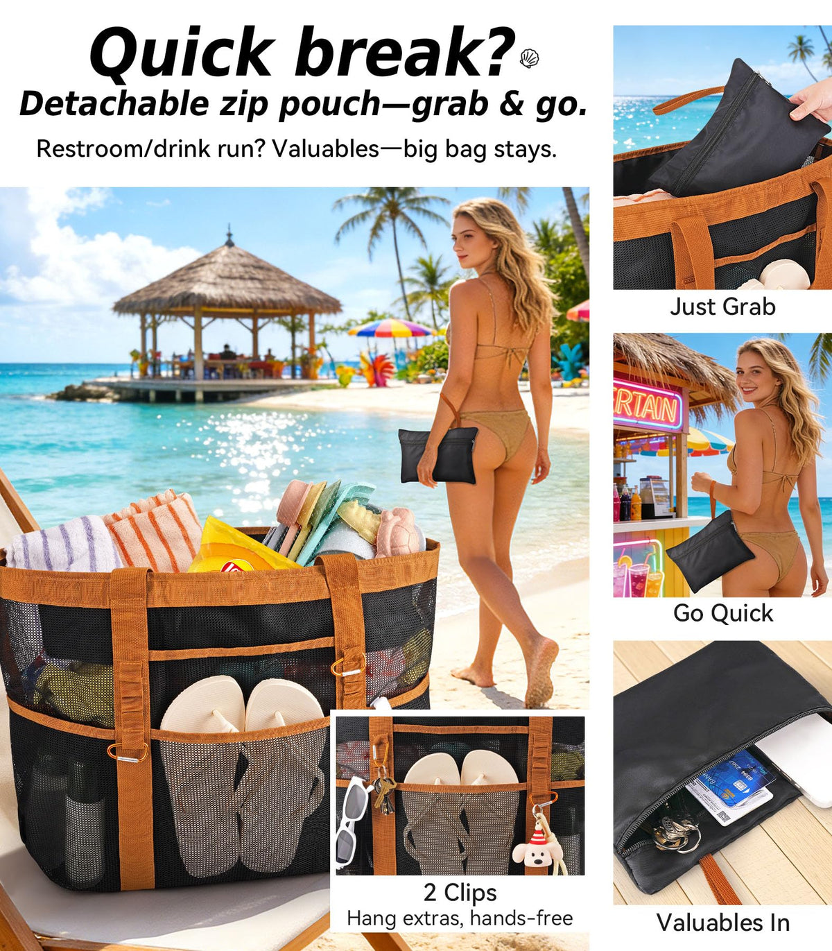 Yeendibo Chic & Spacious XX-Large Beach Bag for Women — 2026 Mesh × Canvas Tote with Top Zipper, 11 Pockets, Detachable Pouch, Foldable, 2 Carabiners