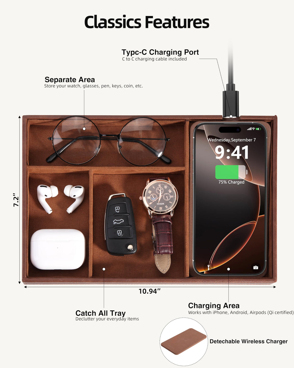 Investme Valet Tray with Wireless Charger, Nightstand Organizer for Men, EDC Catchall Tray for Keys, Watch, Wallet, Jewellery, Premium Vegan Leather, Bedside Caddy, Stylish and Organized, Brown