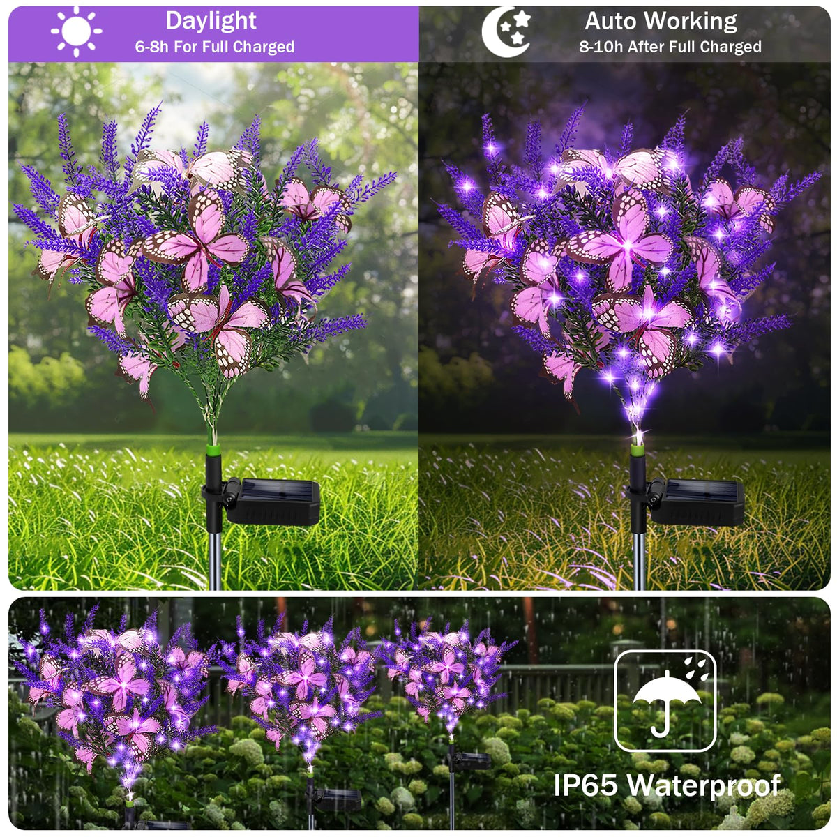 Solar Garden Lights Outdoor, 2 Pack Purple Lavender Solar Butterfly Lights Gardening Gifts for Women,Artificial Flowers Light Purple Halloween Garden Decor for Patio Yard Lawn Christmas