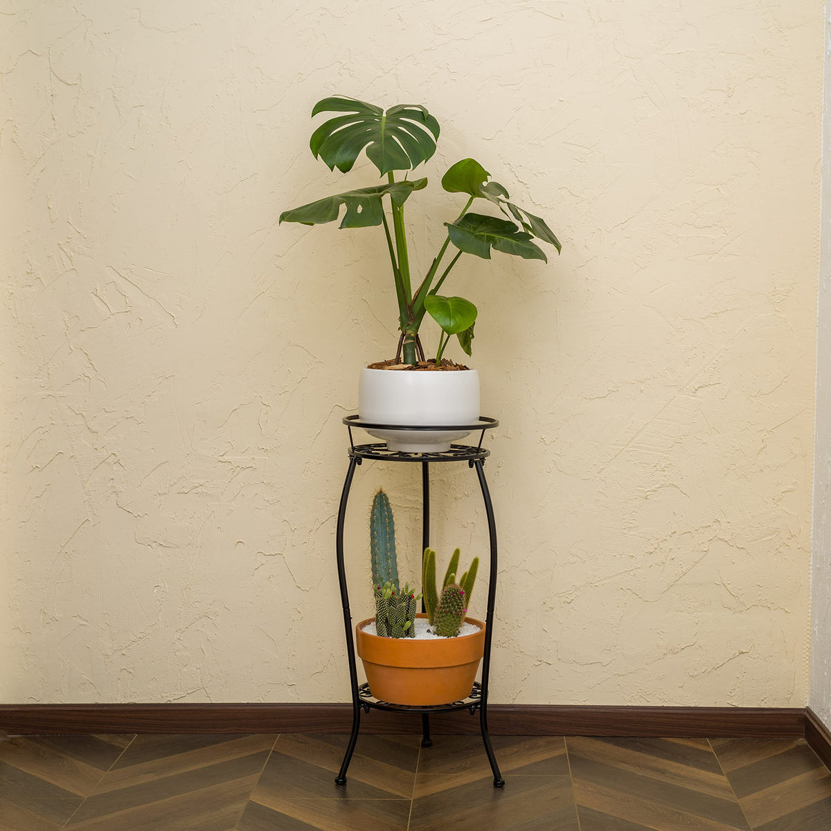 FaithLand Plant Stand, Metal Planter Holder Indoor Outdoor, 2 Tier Round Potted Supports Rack, Corner Display Shelf Black, Tall