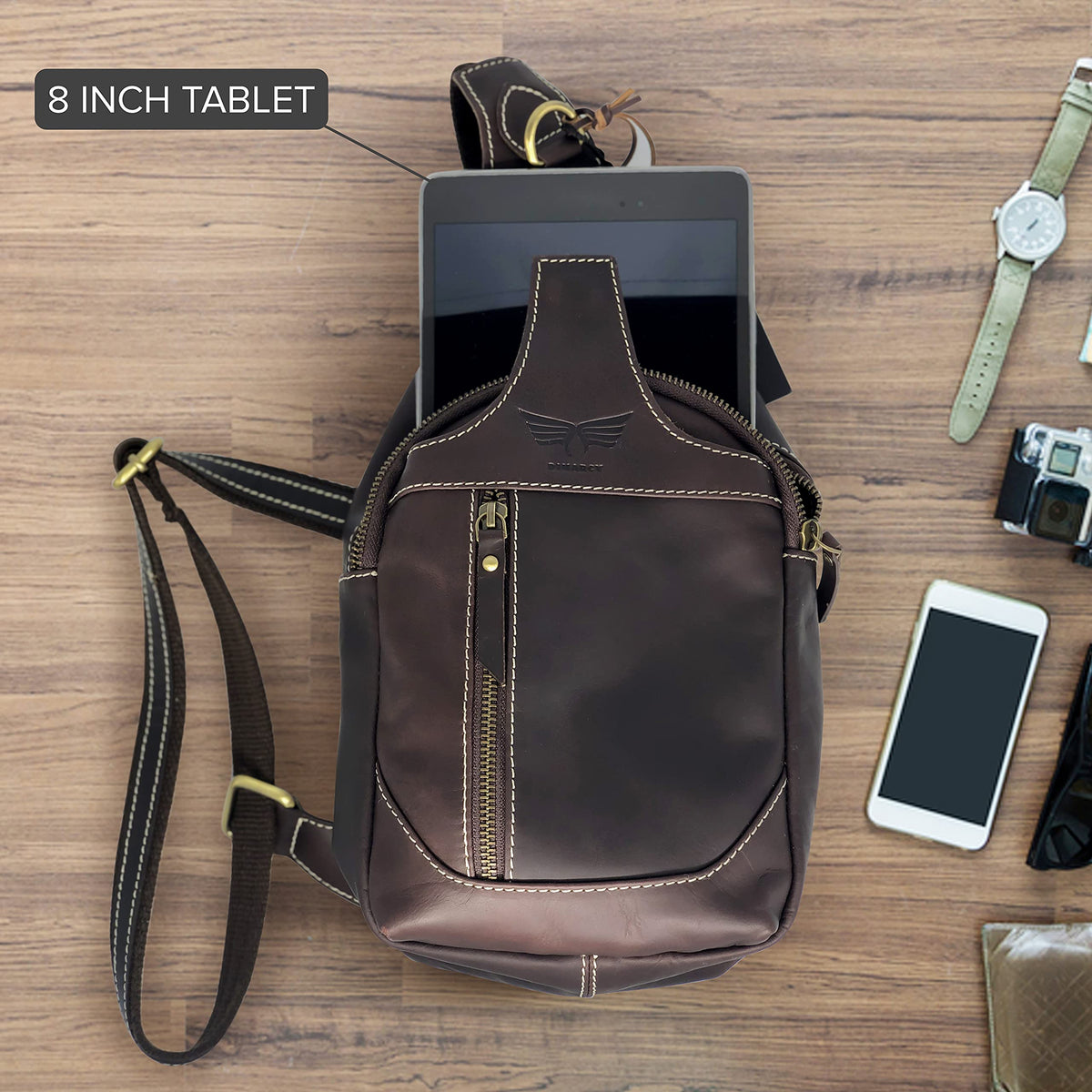 Dimarcy Leather Cross-body Sling Bag Casual Daypack Backpack Chest Shoulder Multi-Purpose Timeless Design Small Men (Dark Brown)