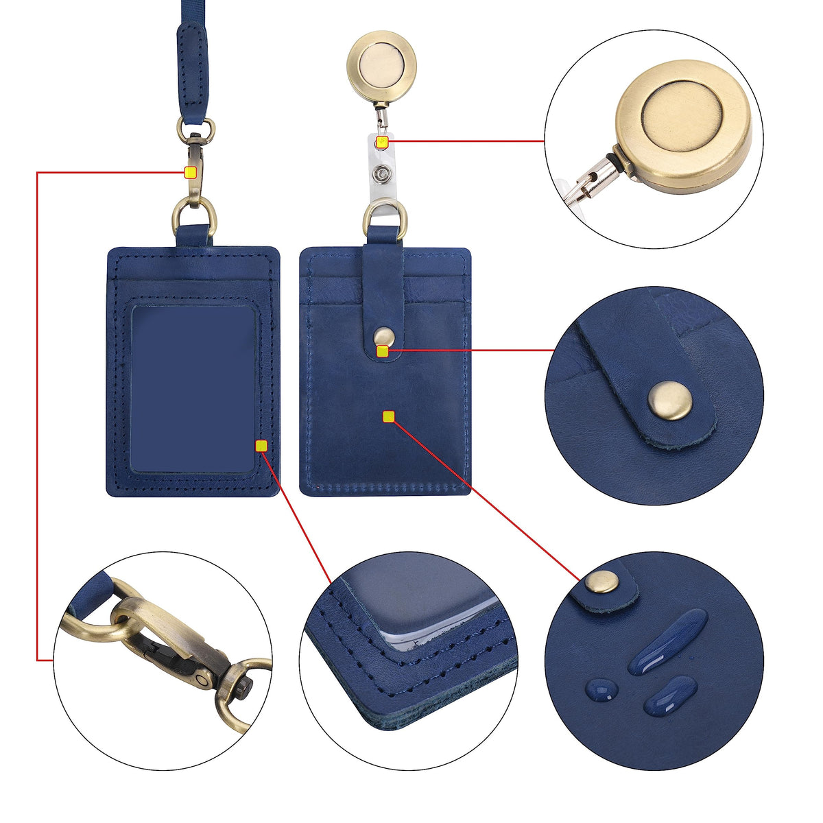Wonderpool ID Badge Holder Genuine Leather Card Slots Case with Detachable Neck Lanyard and Retractable Badge Reel for Office School Hospital Exhibition ID & Driver Licence (Blue)