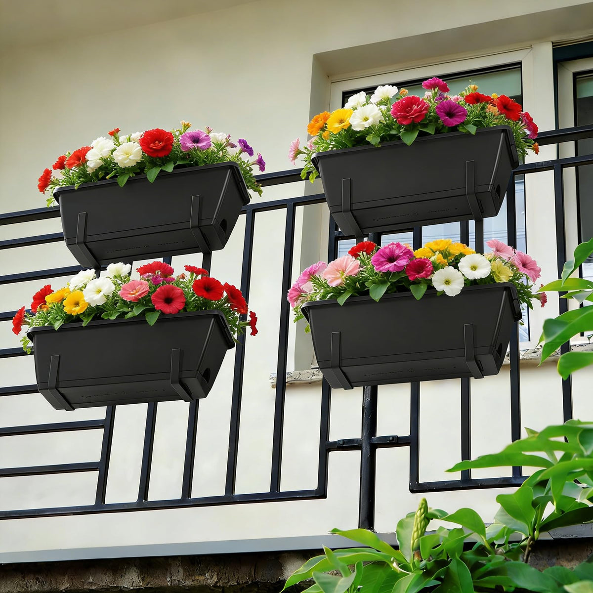 Railing Planter Box 2 Tier Window Boxes Planters Set of 2 with 4 Pack Flower Boxes 16.9 Inch Deck Railing Planter with Adjustable Brackets Black Balcony Fence Hanging Planters for Outdoor Porch Patio
