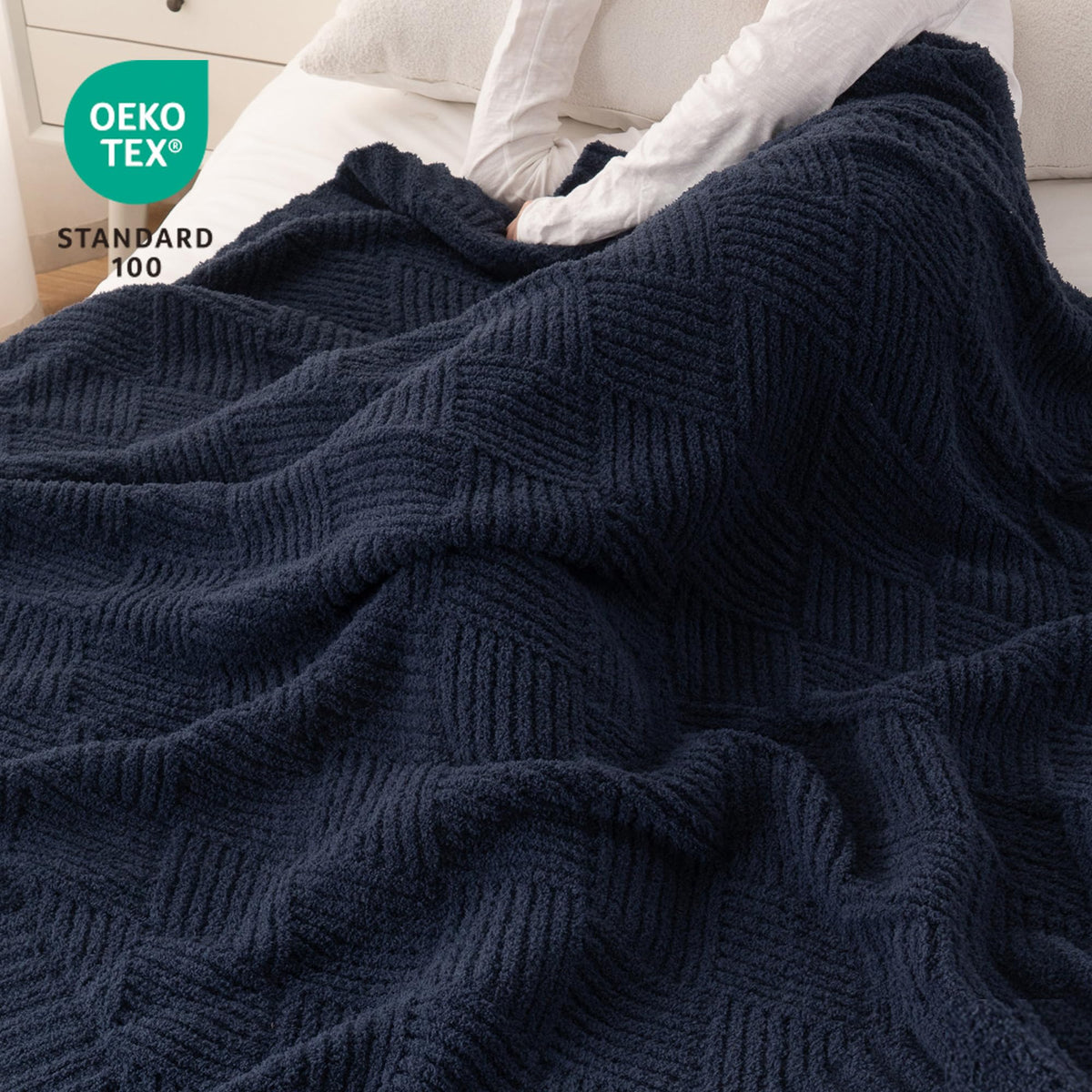 Battilo Navy Blue Chenille Throw Blanket for Couch, Soft Diamond Textured Knit Blanket, Cozy Lightweight Decorative Blankets for Sofa, 50"x60"