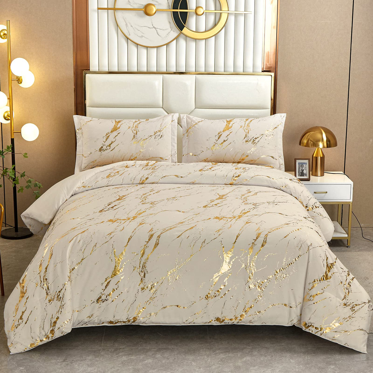 WONGS BEDDING Khaki Gold Metallic Marble Comforter Set Queen Foil Print Glitter Bedding Sets with 2 Pillowcases for All Seasons, Soft Microfiber Filling Bedding Duvet Set 90"x90"