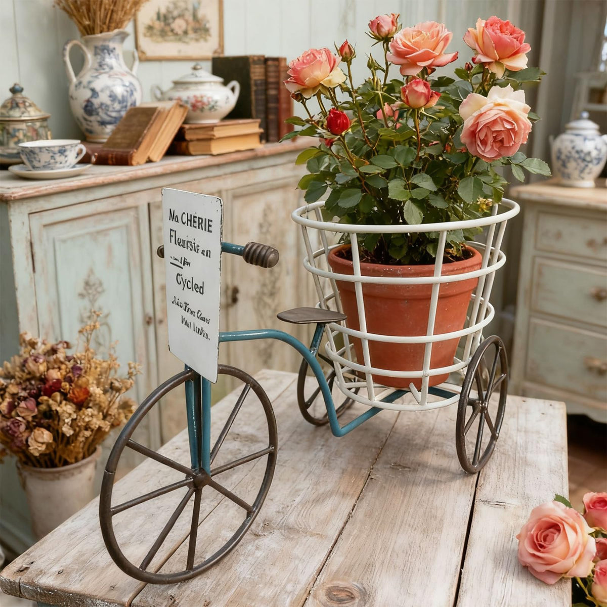 MINGLEA Beautiful Iron Tricycle Flower Pot Holder Container with Deep Basket for Living Room Indoor Outdoor Garden Decoration