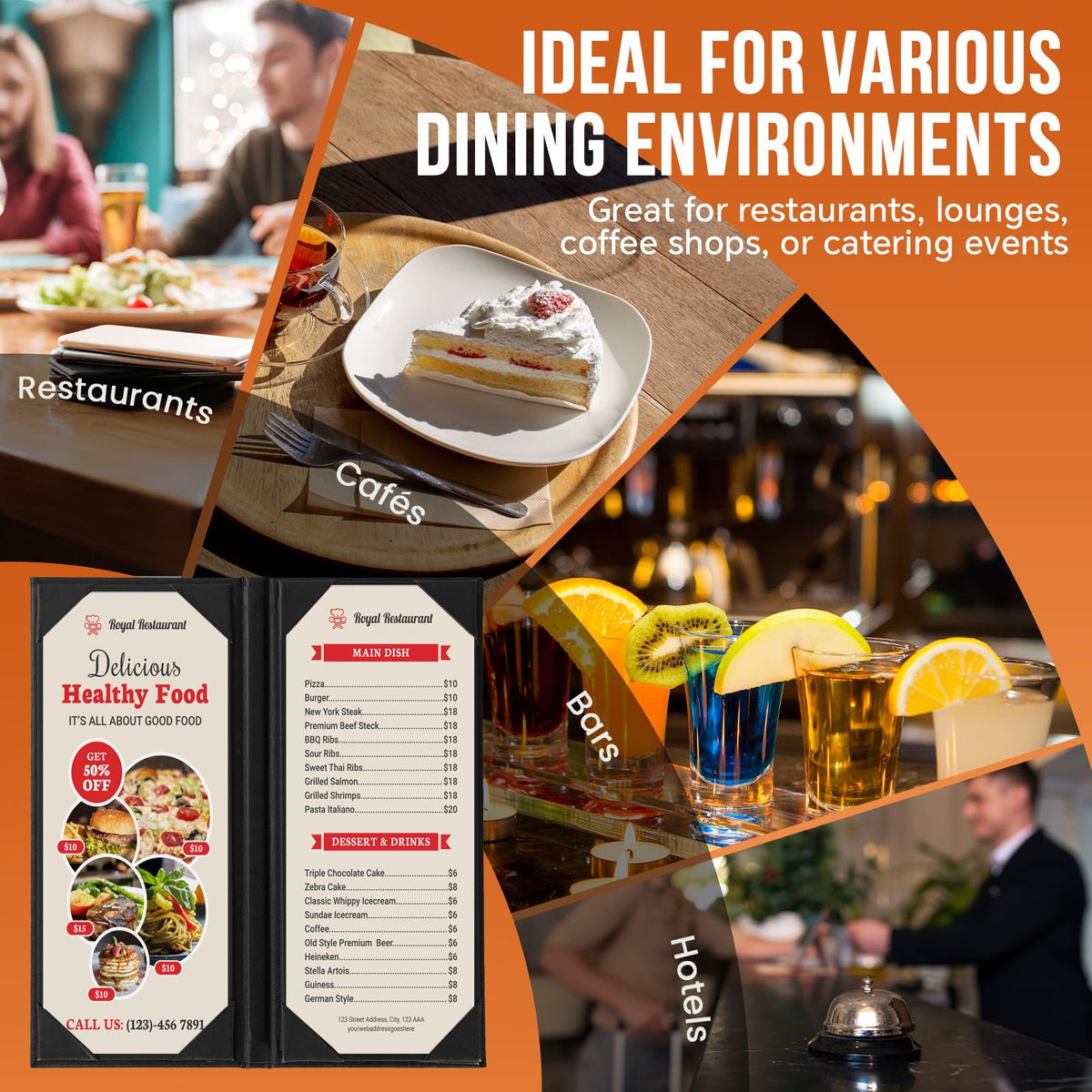 MYFULLY Restaurant Menu Holders 4.25" x 11", 12 Pack Black PU Leather Single Panel Menu Covers with Angled Corners for Restaurant, Bar, Coffee Shop, Wine List (4 View)