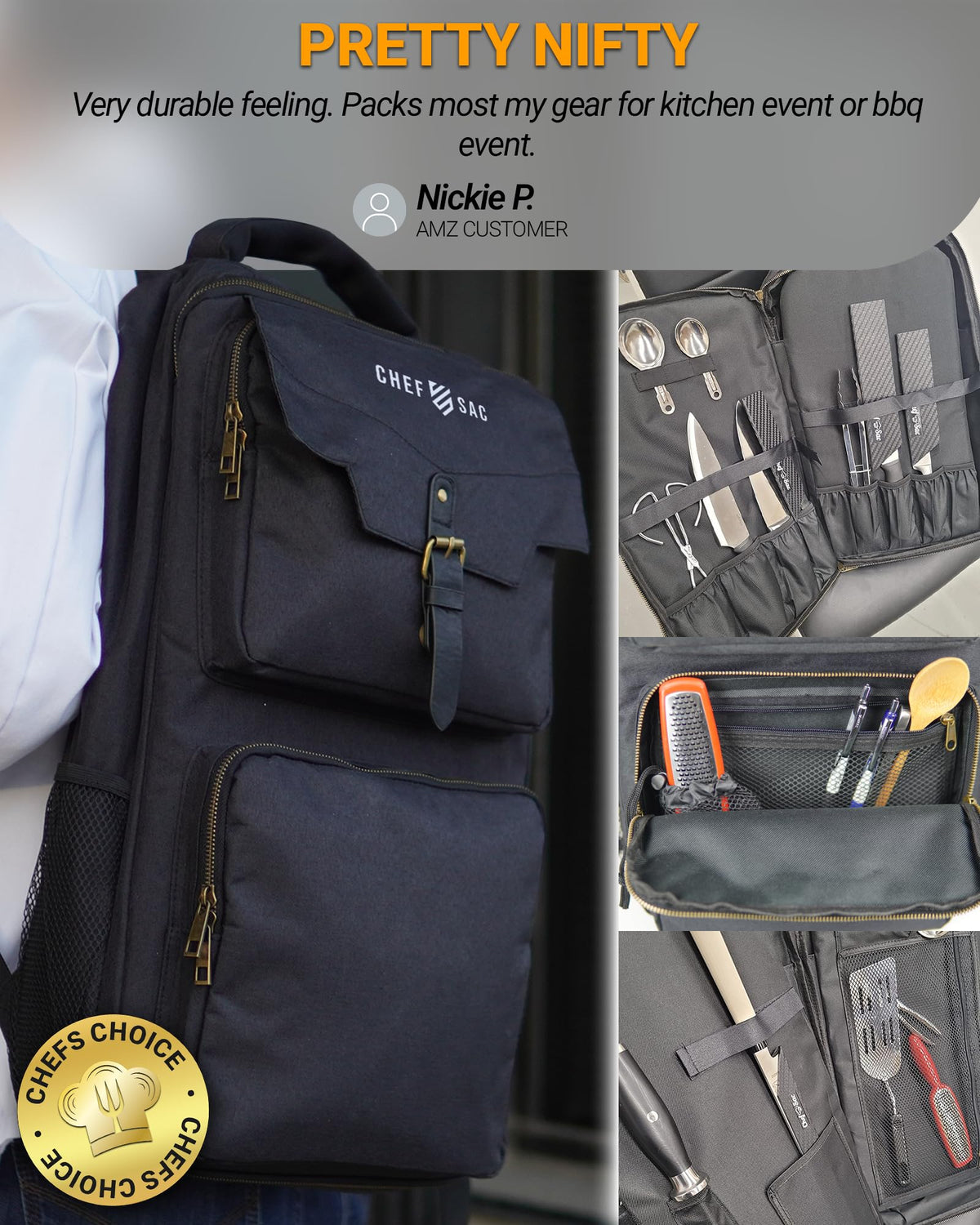 Chef Knife Backpack TRAVELLER - Patented Knife Retention Panels with Hook-and-Loop, Water Resistant 900D Polyester Canvas, YKK Zippers, Work Bag for Chefs & Culinary Students (Black)