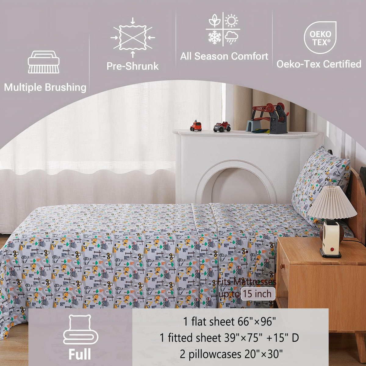 Softan Kids Bed Sheet Set, 4-Piece Full Size Sheets, Microfiber Fitted Sheet with 15 Inches Deep Pocket and Corner Straps, Breathable & Silky Soft Excavator Pattern Sheet and Pillowcase Sets