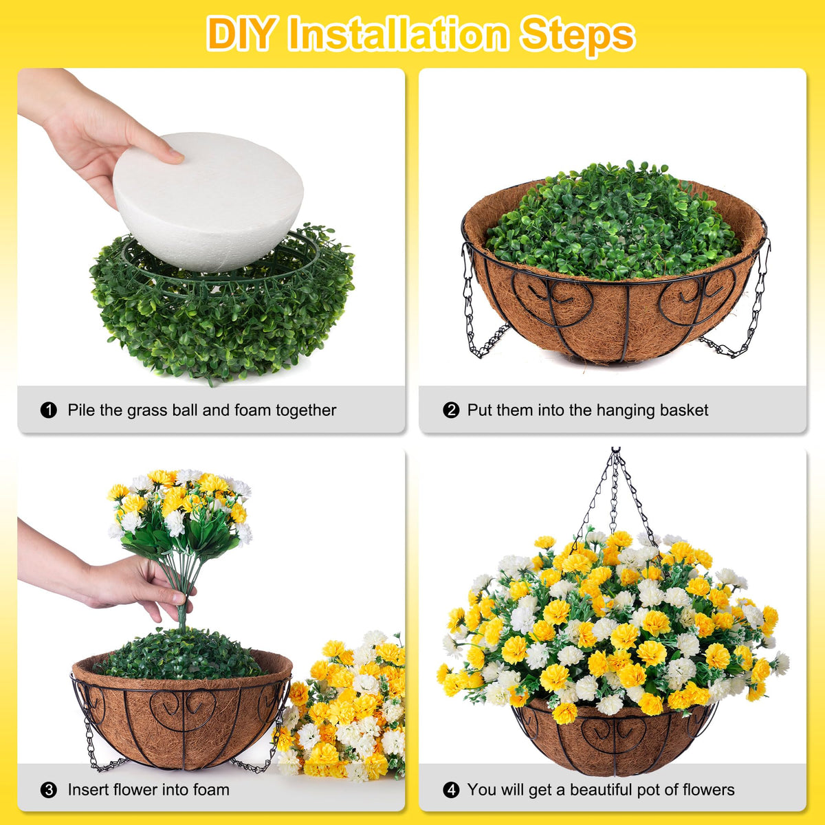 Artificial Hanging Flowers Basket for Spring Outdoors Decoration, Silk Mums Fake Flowers UV Resistant Look Real Daisy with Coconut Lining Baskets for Outside Porch Courtyard Decor(Yellow and White)