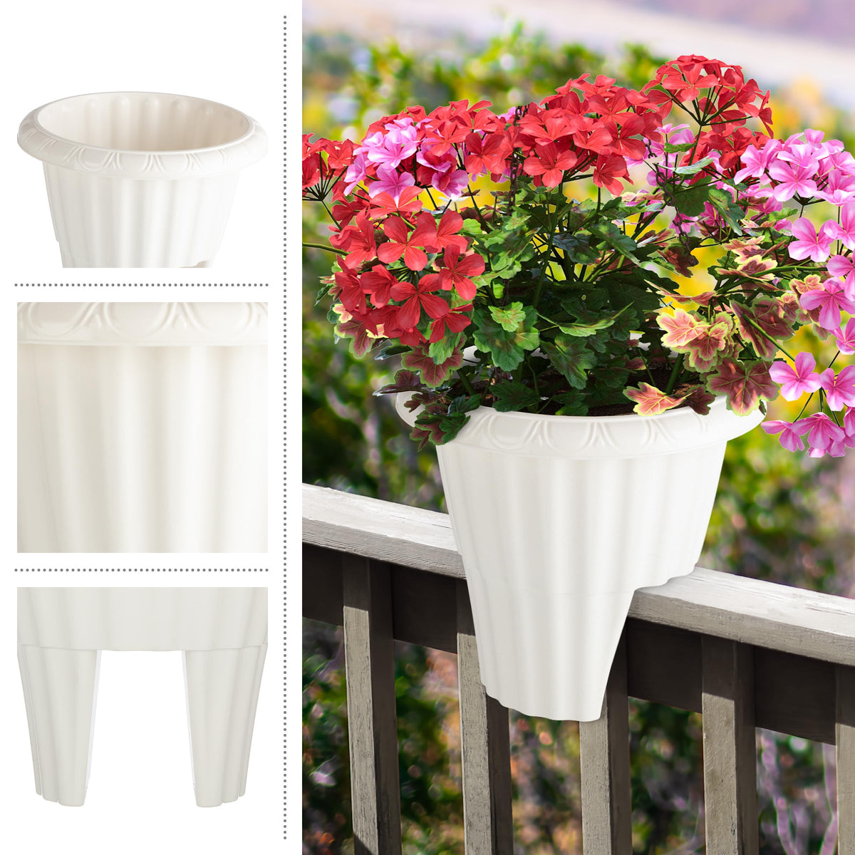 Railing Planter Box 2-Pack - 13.5-Inch Round Outdoor Flower Pots with Drainage Inserts - 2.64-Gallon Outdoor Planters for Porch, Deck, Fence, or Balcony Railings 3” - 3.75” Wide by Pure Garden (White)