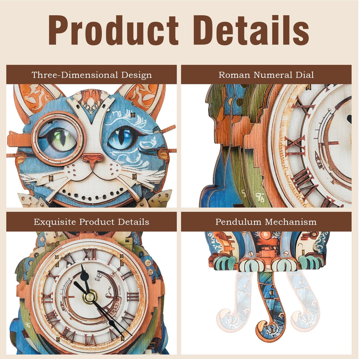 3D Wooden Puzzles for Adults Cat Clock - Model Building Kit Clock Puzzle Creative Craft Gift Home Deco for DIY Enthusiasts, Brain Teaser Building Set Birthday Gifts